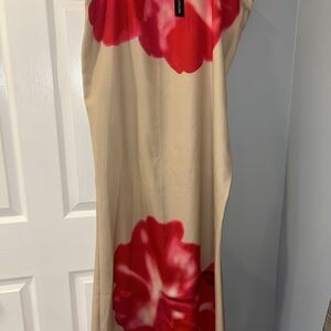 PrettyLittleThing Tan Maxi Dress with Red Floral Design